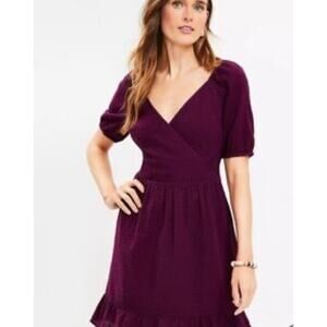 LOFT Dress Womens 14 petite Purple Crinkle Flounce Hem Puff Sleeve Faux Wrap